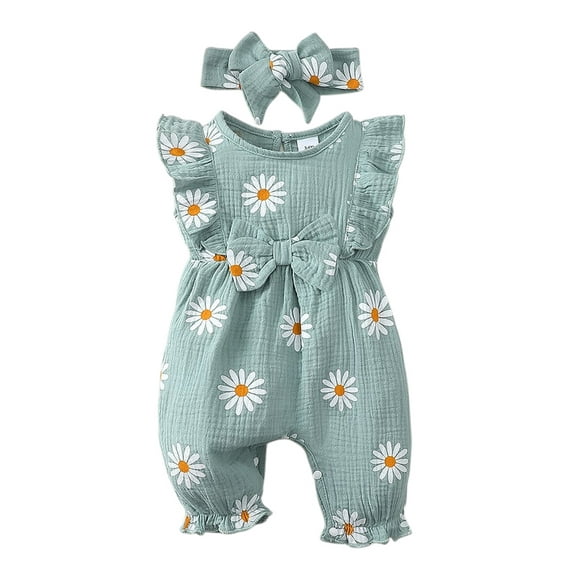 LAPAKIDS Baby Girl Floral Print Sleeveless Romper Jumpsuit Outfits with Heaedband 2PCS,3-6 Months