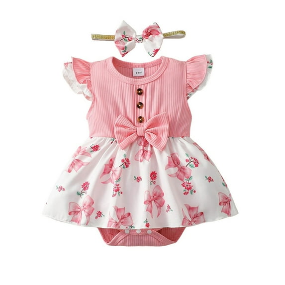 LAPAKIDS Baby Girl Ruffled Dress 2-Piece Floral Prints Romper Dress Summer with Headband,3-6 Months