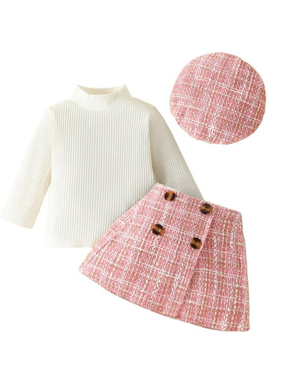 KIDS Baby Girls Clothes 2-3T Infant Girl Fall Winter Warm Outfits Long Sleeve Tops + Plaid Skirt + Hat 3Pcs Set
