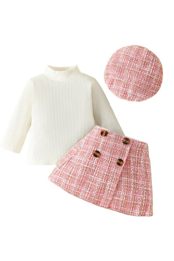 KIDS Baby Girls Clothes 9-12 Months Infant Girl Fall Winter Warm Outfits Long Sleeve Tops + Plaid Skirt + Hat 3Pcs Set