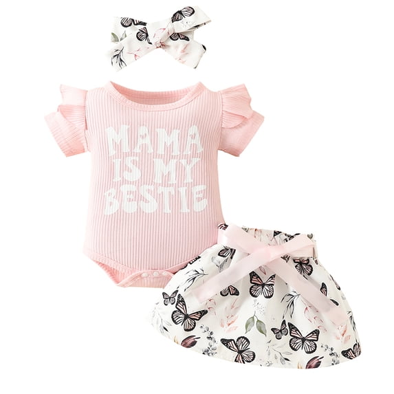 LAPAKIDS Baby Girls Clothes Infant Summer Outfits 6-9 Months Letter Romper Butterfly Skirts Headband Set