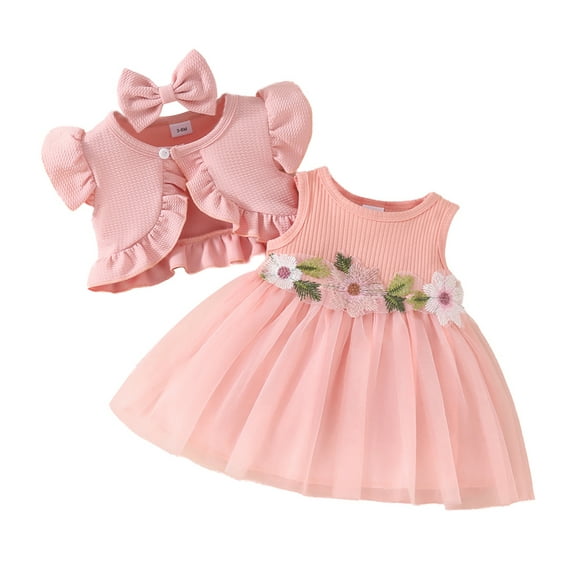LAPAKIDS Baby Girls Dresses 18-24 Months Clothes Summer Floral Print Tutu Dress Cardigan Headband 3Pcs Outfits
