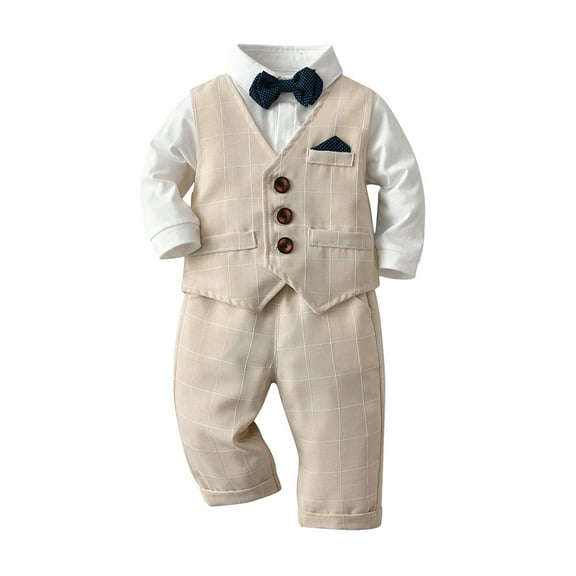 LAPAKIDS Baby Toddler Boy Formal Outfits Gentleman Suit Set Shirts & Vest & Pants & Bow Tie 4PCS 12-18 Months