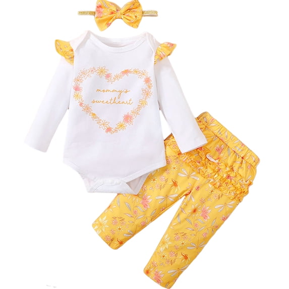 LAPAKIDS Fall Winter Infant Baby Girls Floral Outfit Clothes 3-6 Months Letter Printed Romper Tops Pants Headband 3Pcs Set