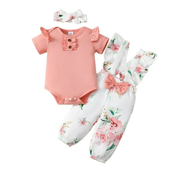 LAPAKIDS Infant Baby Girl Summer Outfits Sets Ruffles Short Sleeves Romper and Floral Print Overalls with Headband 12-18 Months