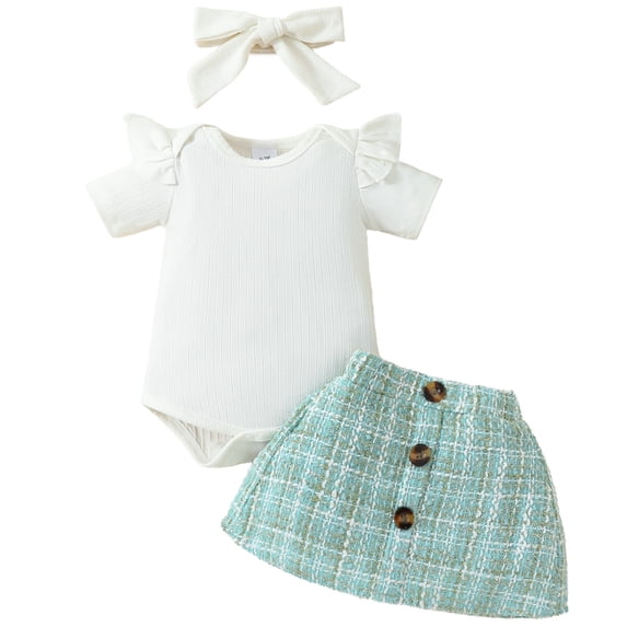 LAPAKIDS Newborn Baby Girl Summer Clothes 3-6 Months Ruffled Short Sleeve Rompers Tops Plaid Button Skirt Headhand 3Pcs Outfits
