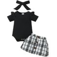 thumbnail image 1 of LAPAKIDS Newborn Baby Girl Summer Clothes 3-6 Months Ruffled Short Sleeve Rompers Tops Plaid Button Skirt Headhand 3Pcs Outfits, 1 of 7