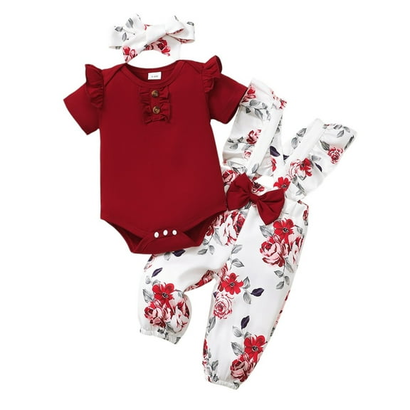 LAPAKIDS Newborn Baby Girl Summer Outfits Sets Ruffles Short Sleeves Romper and Floral Print Overalls with Headband 3-6 Months