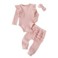 thumbnail image 1 of LAPAKIDS Newborn Baby Girls Outfits Ribbed Clothes for Infant Girl Ruffle Top + Pants + Headband 3-6 Months, 1 of 6