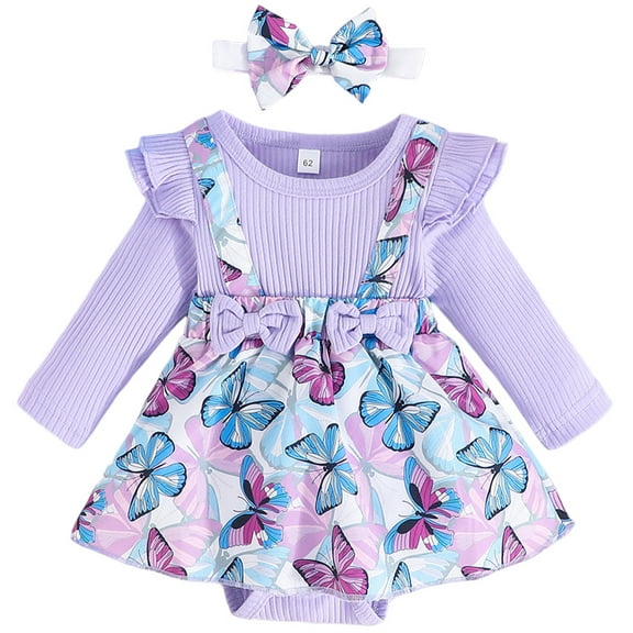 LAPAKIDS Newborn Infant Baby Girl Dresses 0-3 Months Long Sleeve Butterfly Print Romper Dress with Headband 2Pcs Outfit Clothes