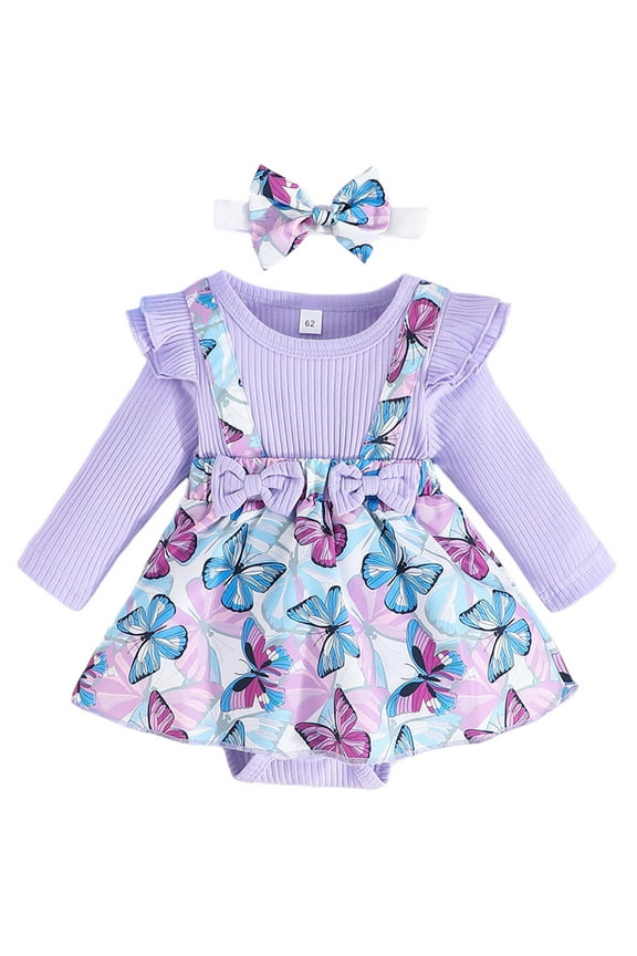 KIDS Newborn Infant Baby Girl Dresses 6-9 Months Long Sleeve Butterfly Print Romper Dress with Headband 2Pcs Outfit Clothes