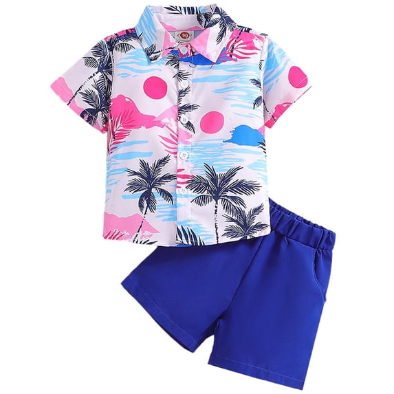 LAPAKIDS Toddler Kids Boy Summer Clothes 6-7 T Hawaiian Summer Short Sleeve Button Down Shirt Top Shorts Outfits Set