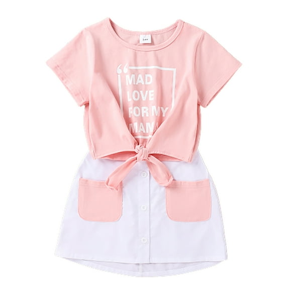 LAPAKIDS Toddler girl Summer Clothes Outfits 6-7T Girl Short Sleeve T-Shirt + Skirt Set