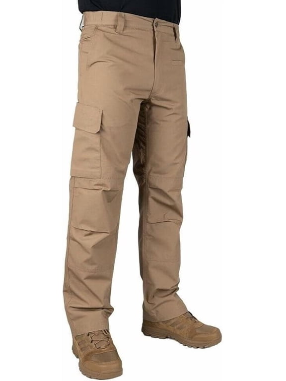 LAPG Men's Urban Ops Cargo Pants, Water & Stain Resistant, Lightweight Gusseted Crotch Elastic Waistband Ripstop Work Pants for Men, Coyote, 34W x 34L