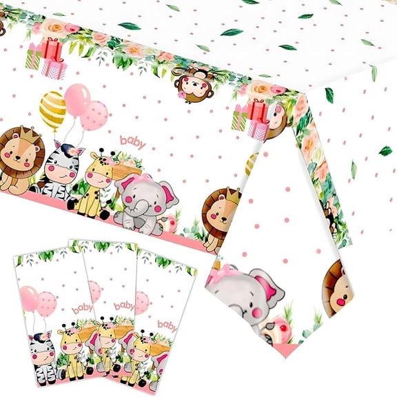 LAPOHI 3 Pieces Jungle Safari Tablecloths Animal Print Table Cover, Green Pink Baby Shower Decorations Zoo Birthday Party Supplies Plastic Table Cloth