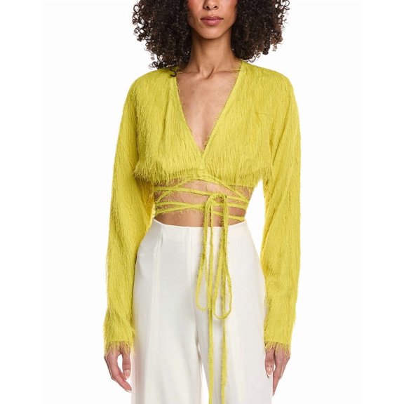 LAPOINTE womens Lightweight Fringe Tie Waist Top, 2, Yellow