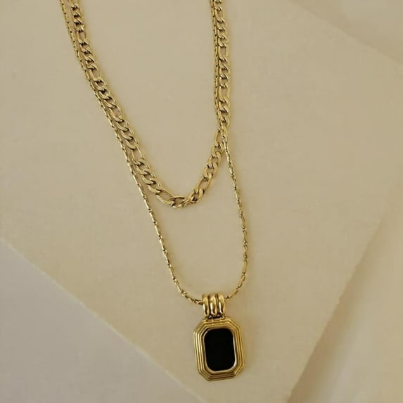 LAPRECIEUZ DE ARTHES JEWELRY 18K Yellow Gold-Plated Link Chain Necklace for Women – Square Black Pendant, 18", Tarnish-Resistant & Hypoallergenic