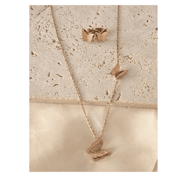 LAPRECIEUZ DE ARTHES JEWELRY Rose Gold Filled Stainless Steel Set of Butterfly Necklace and Earrings for Women 18"