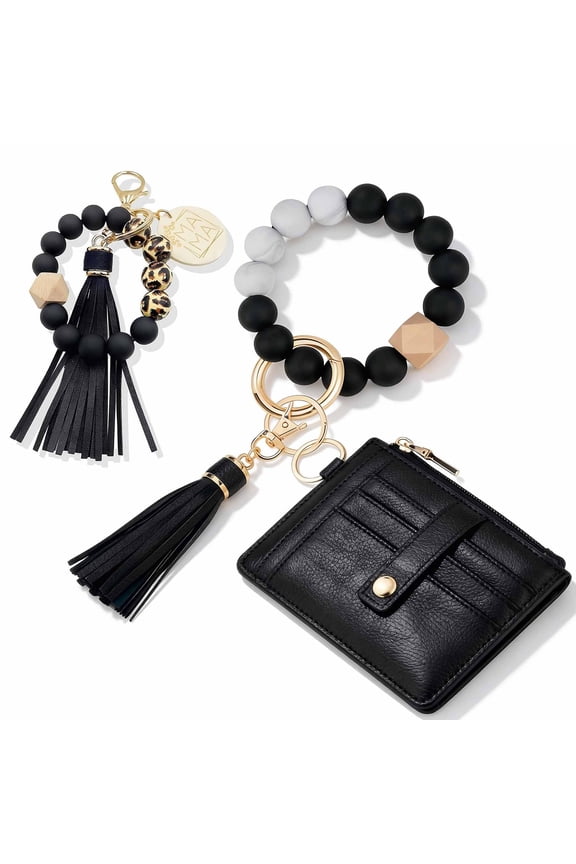 1 Pack Keychain Wallet for Women, Slim RFID Credit Card Holder Purse with Tassel & Bangle, Detachable Wristlet Wallet Keychain, Black