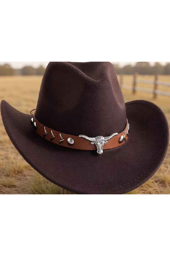1 Pack Western Cowboy Hat Felt Fedora with Roll-Up Brim and Buckle Belt, Adjustable Strap, 54cm Circumference