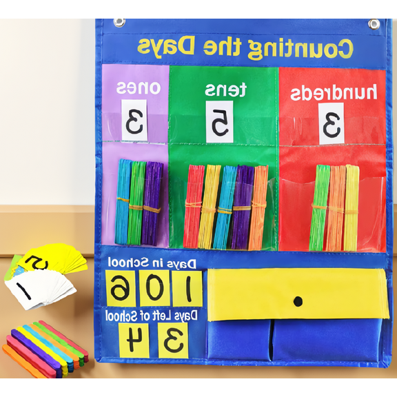 LAPTOM MAX 1 Set Place Value Pocket Chart with 200 Counting Sticks, 43 Number Cards and 20 Rubber Bands, 18.7 x 15.6 Inch