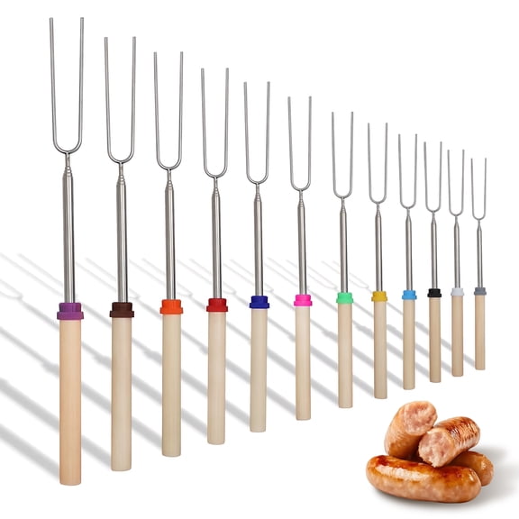 LAPTOM MAX 12 Pcs Smores Sticks Roasting Set with Wooden Handles, Extendable Stainless Steel Forks for Marshmallows and Campfire, Up to 32in