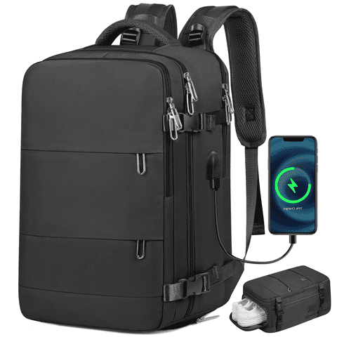 17.7" Travel Backpack, TSA-Approved Laptop Carry On with USB Port & Shoe Compartment, Waterproof Daypack for Women & Men, Business, Hiking, Weekender Trips, Black