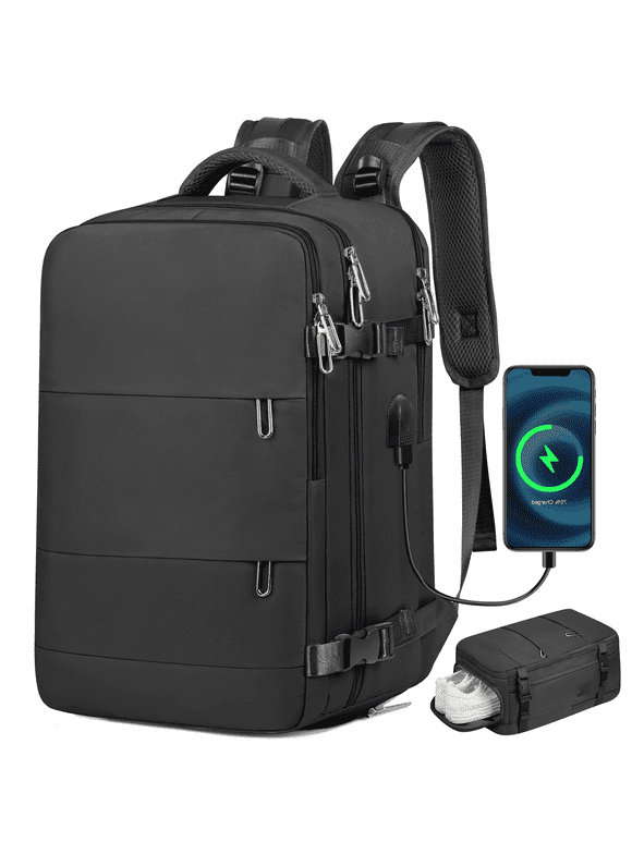 17.7" Travel Backpack, TSA-Approved Laptop Carry On with USB Port & Shoe Compartment, Waterproof Daypack for Women & Men, Business, Hiking, Weekender Trips, Black