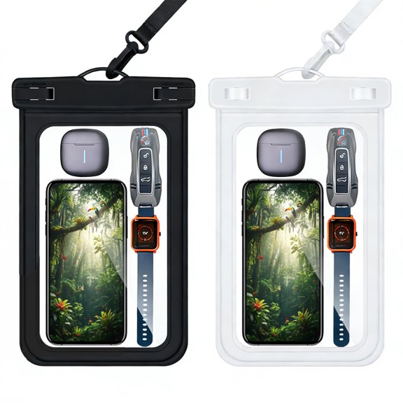 LAPTOM MAX 2-Pack PVC Floating Waterproof Phone Bags for Beach, Diving, and Outdoor Activities, Black and White Double Hooks