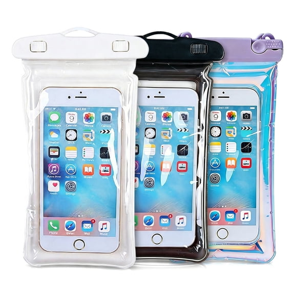 LAPTOM MAX 3-Pack Laser PVC Floating Waterproof Phone Bags for Beach, Diving, and Outdoor Activities, Black White Purple, Double Hooks