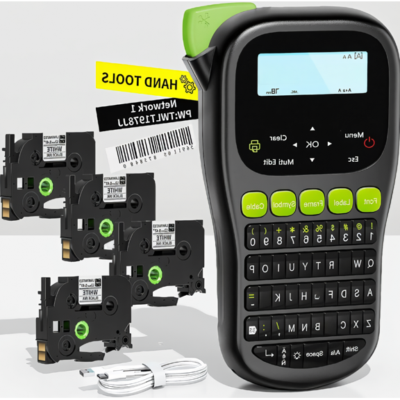 LAPTOM MAX 4 Tapes Included Handheld Label Maker, Laminated Waterproof Labels, Backlit LCD, 3 Cable Modes, Portable Label Printer for Office Home Organization