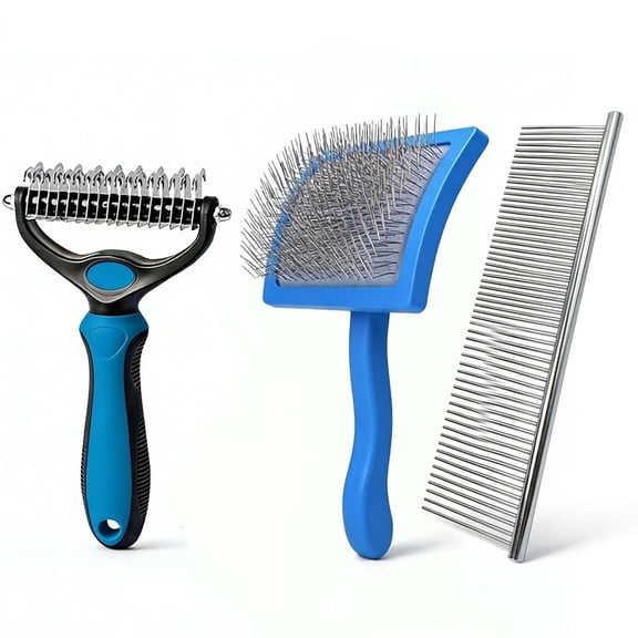 LAPTOM MAX Dog Brush and Dog Comb Set for Dogs and Cats Double Sided Dematting Shedding Blue 3Pcs