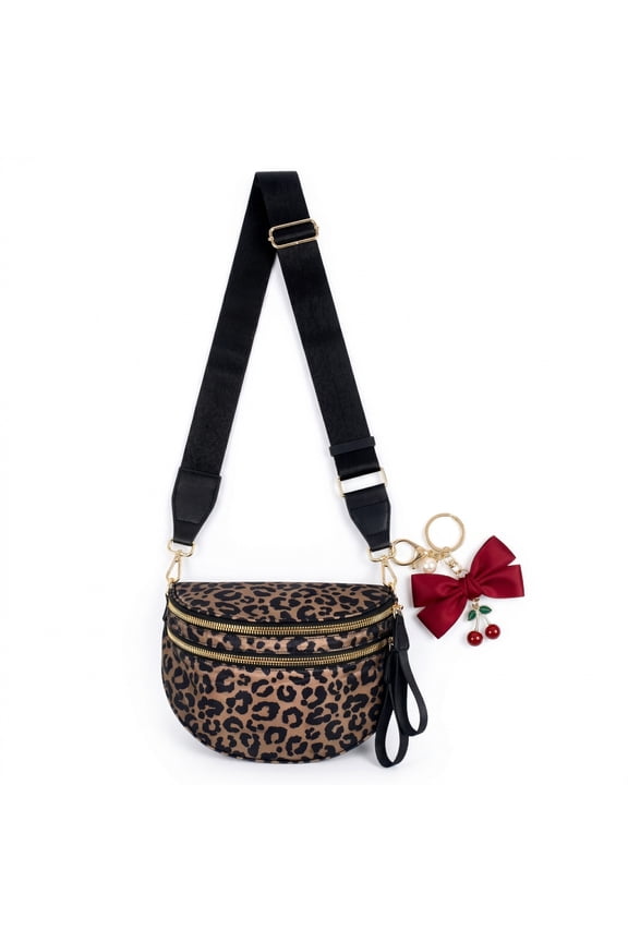 Women's Large Capacity Waist & Crossbody Bag – Leopard Print Belt Wallet with Red Bow Charm