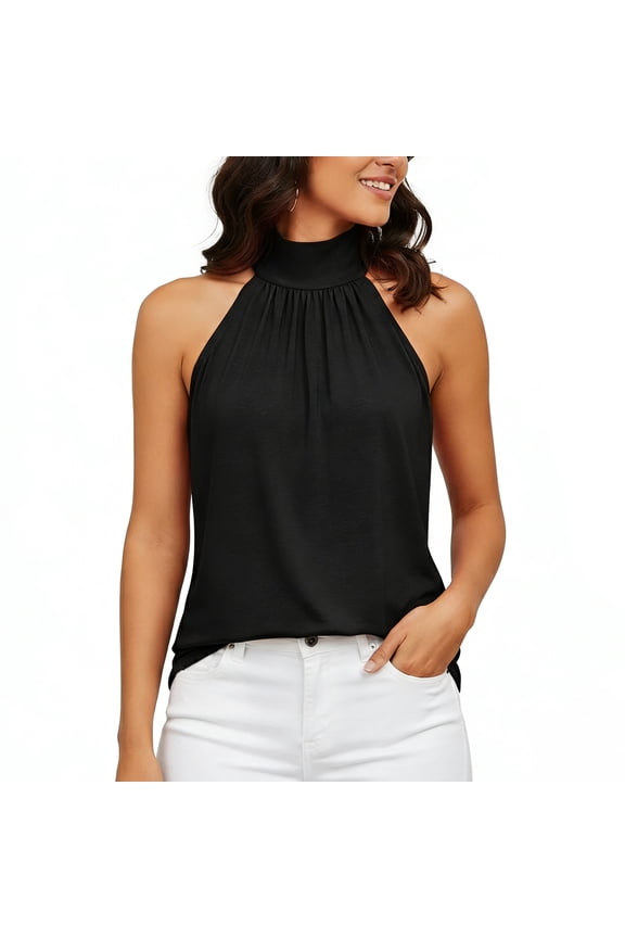 Halter Tops for Women, Sleeveless Tie Neck Summer Top, Loose Casual Tank Blouse Shirt, Sexy Plain T-Shirt (Black, L)
