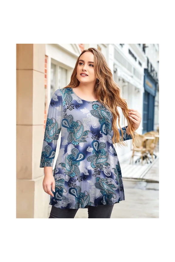 3/4 Sleeve Shirts for Women Plus Size Tunic Dressy Top Loose Fit Flare T-Shirt A-green03 1X
