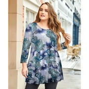 LARACE 3/4 Sleeve Shirts for Women Plus Size Tunic Dressy Top Loose Fit Flare T-Shirt A-green03 1X