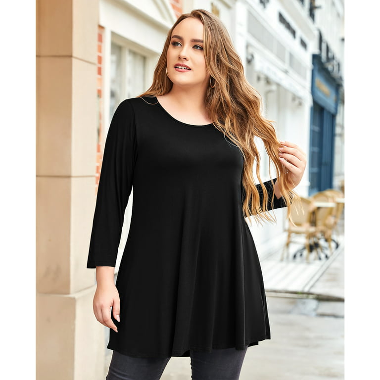 LARACE 3/4 Sleeve Shirts for Women Plus Size Tunic Dressy Top Loose Fit  Flare T-Shirt Black 3X