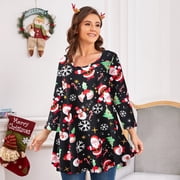 LARACE 3/4 Sleeve Shirts for Women Plus Size Tunic Dressy Top Loose Fit Flare T-Shirt Flower40_christmas 2X