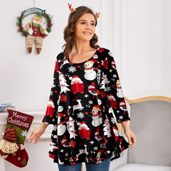 LARACE 3/4 Sleeve Shirts for Women Plus Size Tunic Dressy Top Loose Fit Flare T-Shirt Flower47_christmas 2X