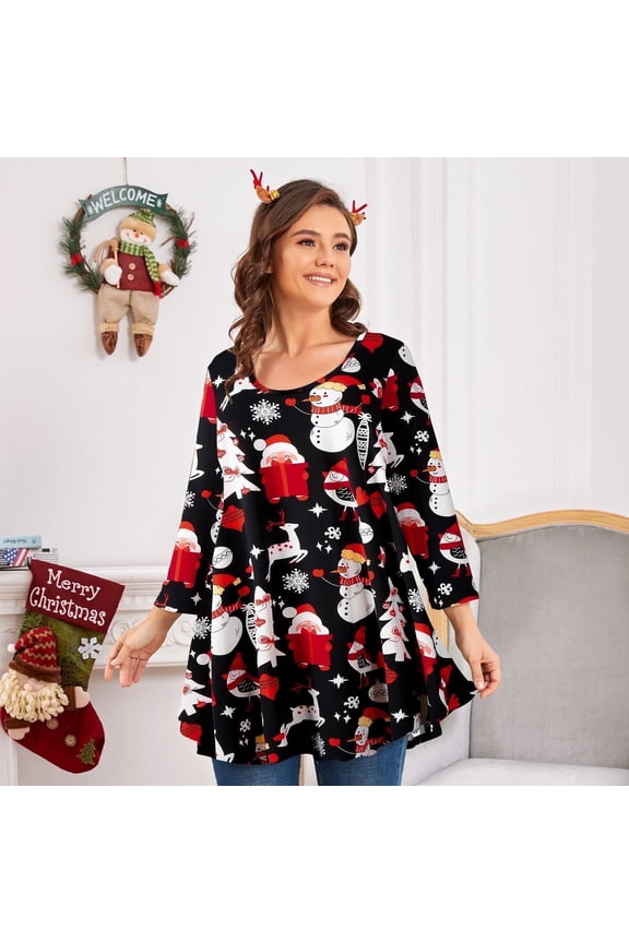 3/4 Sleeve Shirts for Women Plus Size Tunic Dressy Top Loose Fit Flare T-Shirt Flower47_christmas 2X