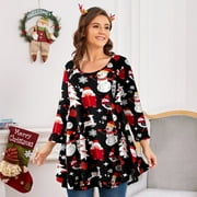LARACE 3/4 Sleeve Shirts for Women Plus Size Tunic Dressy Top Loose Fit Flare T-Shirt Flower47_christmas 2X