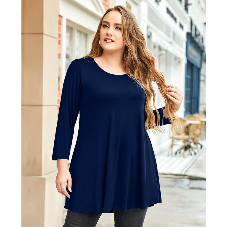 LARACE 3/4 Sleeve Shirts for Women Plus Size Tunic Dressy Top Loose Fit  Flare T-Shirt Navy Blue 1X