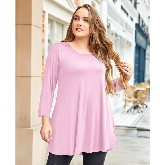LARACE 3/4 Sleeve Shirts for Women Plus Size Tunic Dressy Top Loose Fit Flare T-Shirt Pink 2X