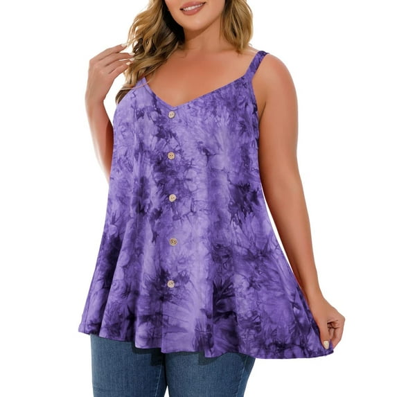 LARACE Camisole Tank Tops for Women V Neck T Shirts Plus Size Tunic Buttons Summer Spaghetti Strap Sleeveless Blouses(B-purple,1X)