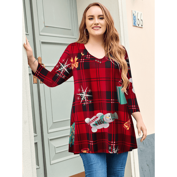 LARACE Christmas Womens Plus Size 3/4 Sleeve Tunic Tops Casual Loose Swing Shirts To Wear With Leggings Flower46 3X