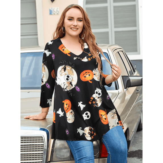 LARACE Halloween Women's 3/4 Sleeve Button V Neck High Low Loose Fit Casual Long Tunic Tops Tee Shirts Flower42 1X