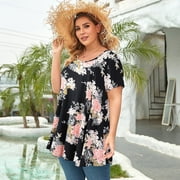 LARACE Plus Size Blouse for Women Short Sleeve Casual Shirt Tunic Tops Down Neck T-Shirt Loose Shirt A-Navy12_3X