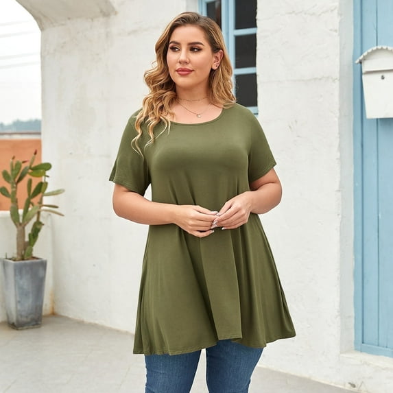 VEPKUL Plus Size Blouse for Women Short Sleeve Casual Shirt Tunic Tops Down Neck T-Shirt Loose Shirt Army Green-2X