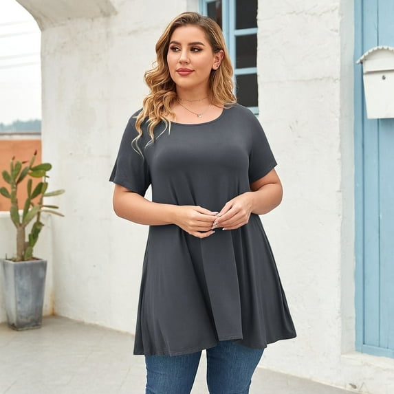 LARACE Plus Size Blouse for Women Short Sleeve Casual Shirt Tunic Tops Down Neck T-Shirt Loose Shirt Deep Gray-1X