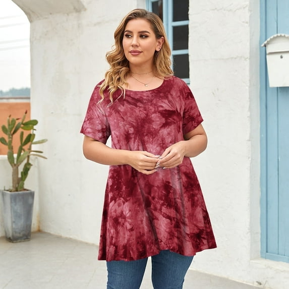 VEPKUL Plus Size Blouse for Women Short Sleeve Casual Shirt Tunic Tops Down Neck T-Shirt Loose Shirt T11-WineRed_1X